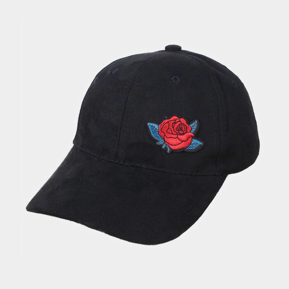 Womens Black Faux Velvet Flower Patch Adj Baseball Cap